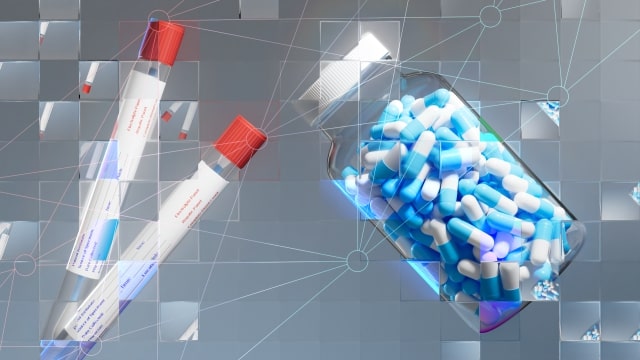 This image shows two labelled swab tubes with red caps and a glass jar full of blue and white pills, floating against a grey background and refracted in different ways by a fragmented glass grid. This grid is a visual metaphor for the way that new artificial intelligence (AI) and machine learning technologies can be used to extract and analyse medical data in innovative ways.