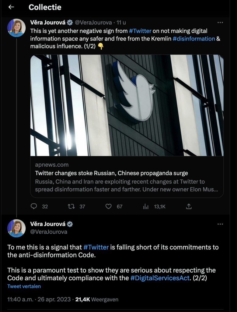 Tweet by Věra Jourová on 26-04-2023: "This is a paramount test to show they are serious about respecting the Code and ultimately compliance with the #DigitalServicesAct"