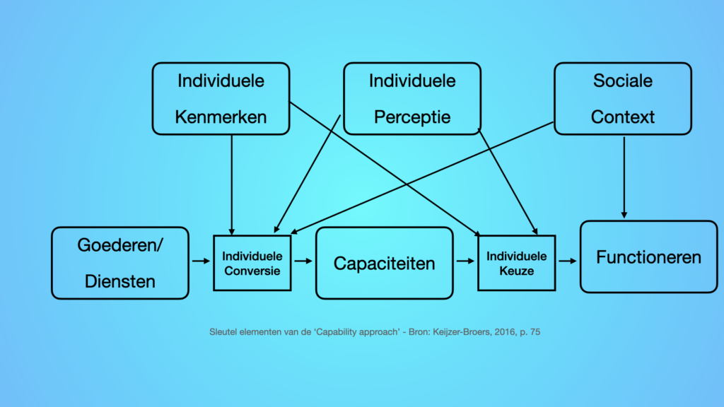 Sleutel elementen van de Capability approach: individuele kenmerken, individuele perceptie en sociale context bepalen het gebruik van goederen en diensten door het individu. Afhankelijk van diens capaciteiten leidt dit tot keuzes die het functioneren bepalen.