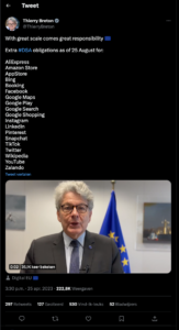 Thierry Breton on Twitter on 25-04-2023: "with great scale comes great responsibility" 

https://twitter.com/ThierryBreton/status/1650854765126107136